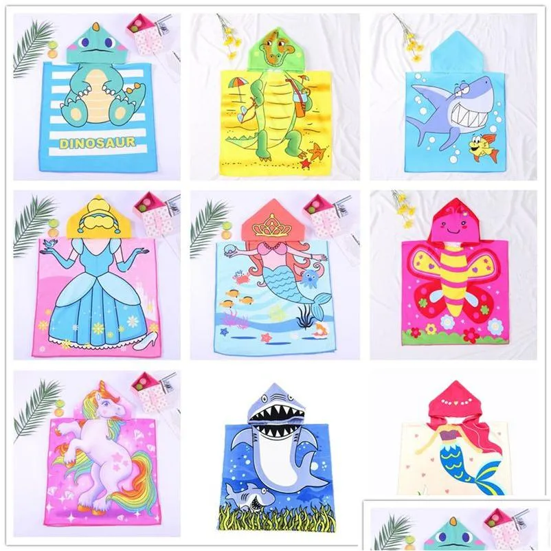 Towel Kids Hooded Beach Cartoon Mermaid Animal Print Baby Boys Girls Super Absorbent Micro Fiber Cloak Drop Delivery Home Garden Text Dhcjg