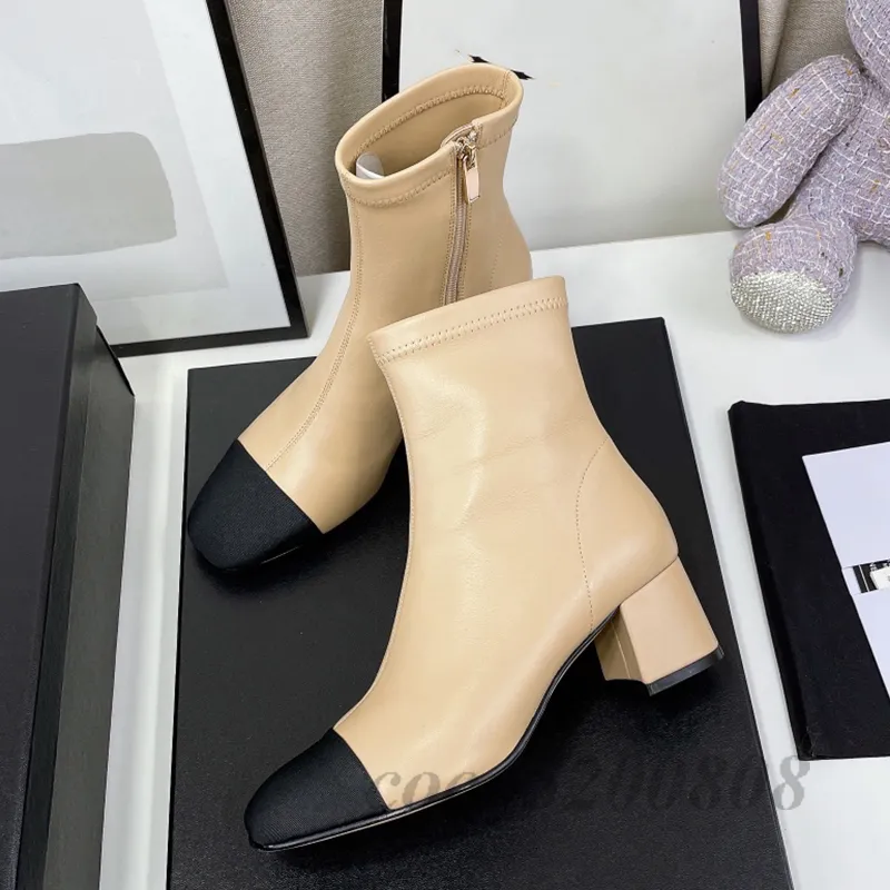 Women Ankle Boots Fashion Genuine Leather Mixed Color Woman Boot Runway Outfit Round Toe Chunky High Heels Booties Woman