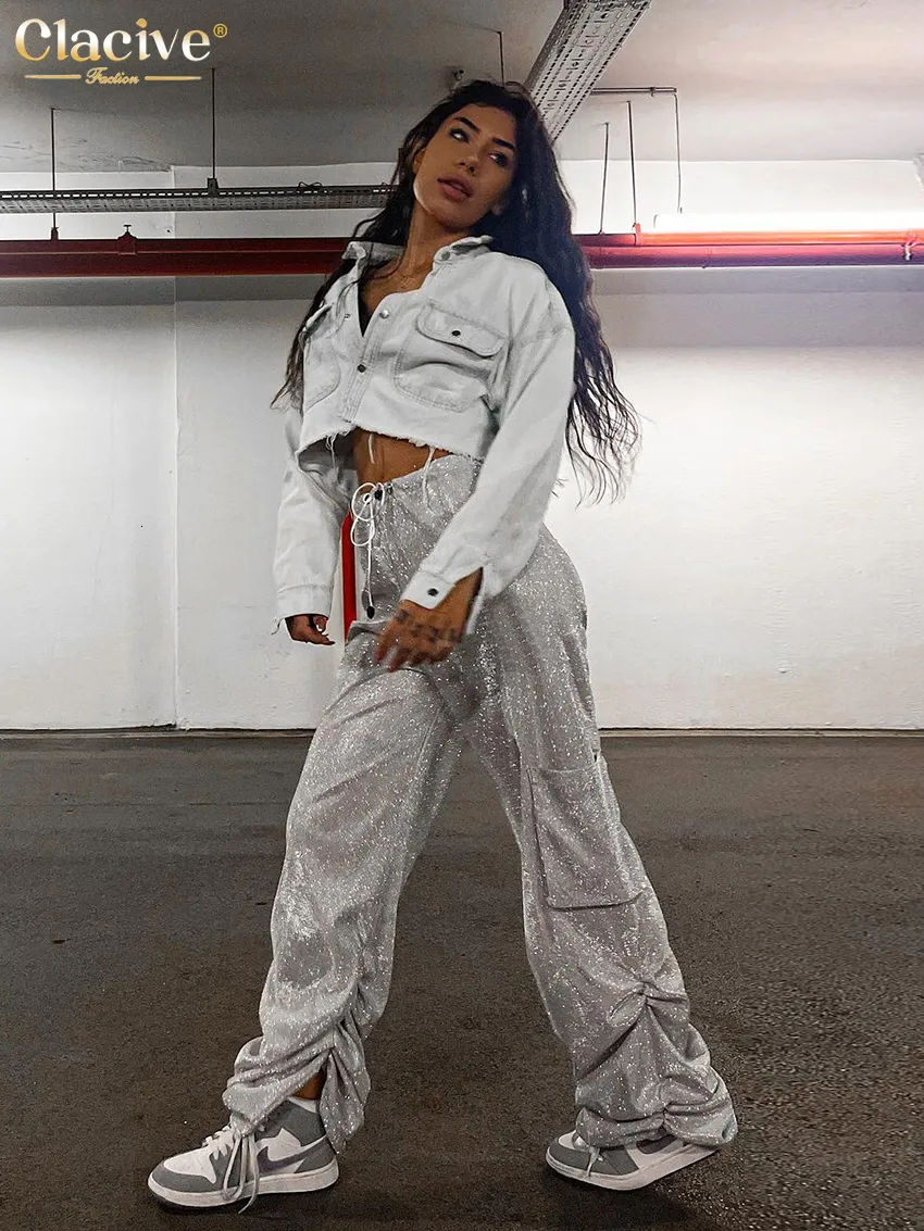 Elegant High Waist Cargo Trousers - Glitter Detail, Full