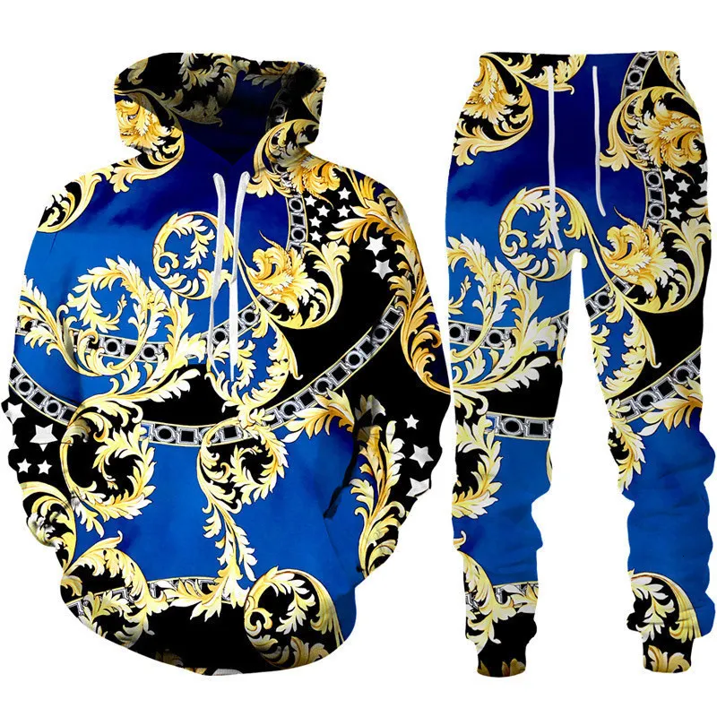 Herrspårsugnar Luxury Vintage 3D Print Hoodie Pants 2 Pieces Tracksuit Set Fashion Golden Flower Mönster Streetwear Hip Hop Men's Clothing Suit 230617