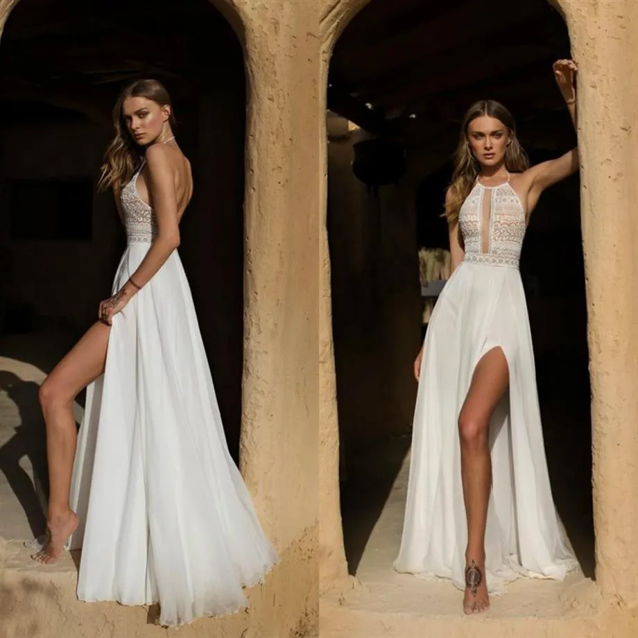 Asaf Dadush 2019 Boho Sexiga bröllopsklänningar Halter Neck Bohemian Lace Chiffon Split Wedding Dress A Line Beach Bridal Bowns Robe De230f