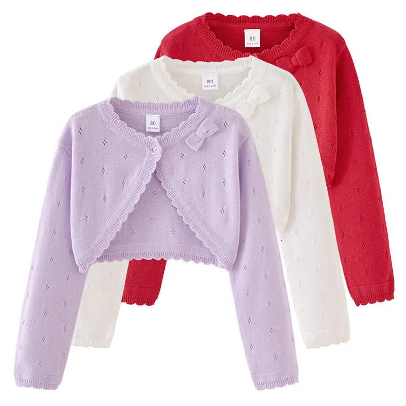 Pullover Summer Baby Girl Cardigan Sweater Jacket Bow Spädbarn Ytterkläder Kläder Knit tunna solskyskor Kortrock 230619