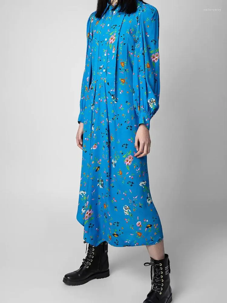 Casual Dresses Women Floral Print Blue Dress Viscose Turn-down Collar Long-sleeved Lady Irregular Midi Robe With Buttons 2023 Early Spring