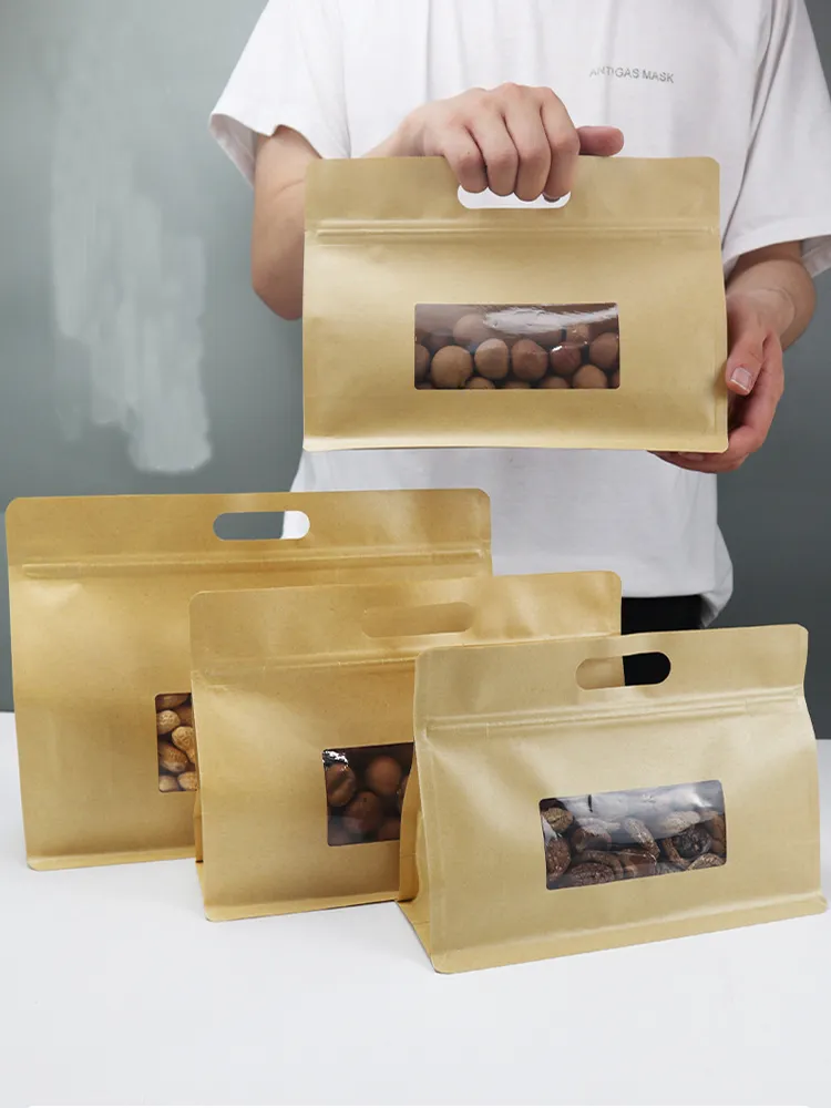 Kraft Paper Octagonal Ziplock Organ Bag With Handle Window Packaging Self Sealing Bag Dried Tea And Dried Fruit Bag