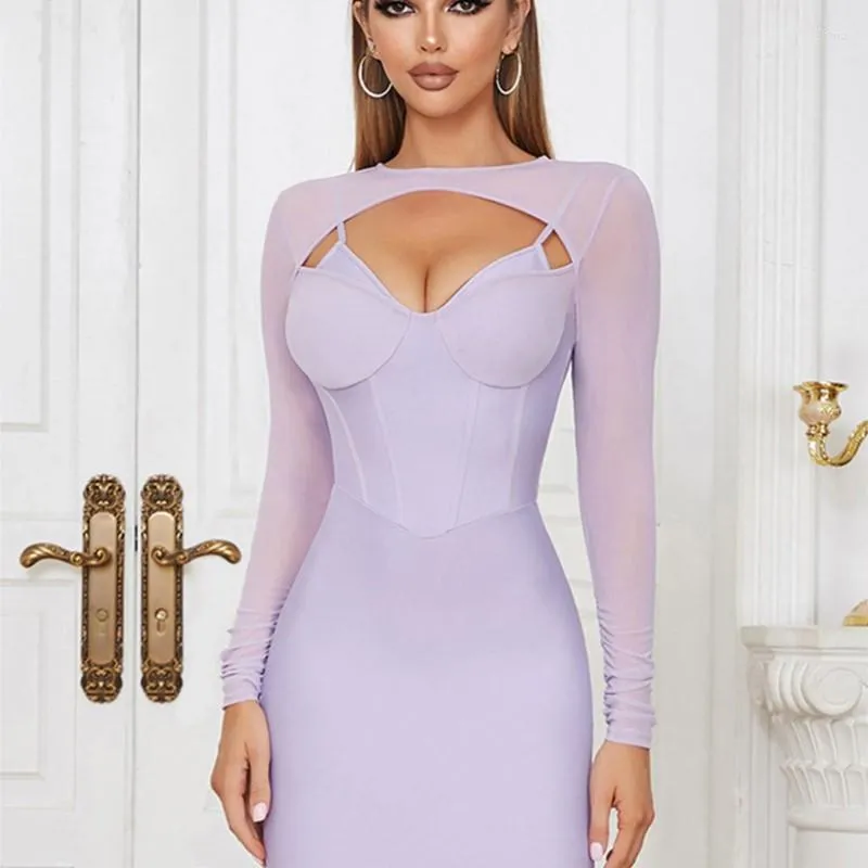 Elegant Purple Bandage Dress for Women - Long Sleeve O-Neck Hollow Bodycon Mini Cocktail Party Dress