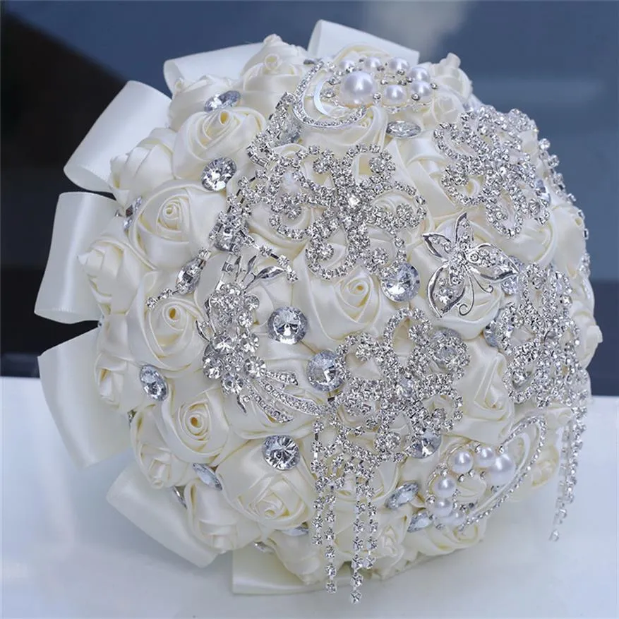 18CM Luxury Ivory Silk Rose Wedding Flowers Crystal Brooch Bridal Holding Flowers Tassel Full Diamond Stitch Wedding Bouquets212z