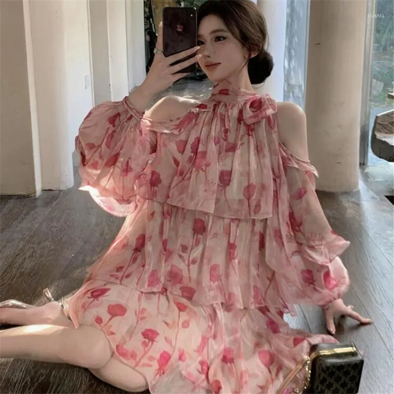 Summer Flower Print Chiffon Dress with Pearl Halter - Off-Shoulder, Long Sleeve, Perfect for Casual Occasions and Holidays