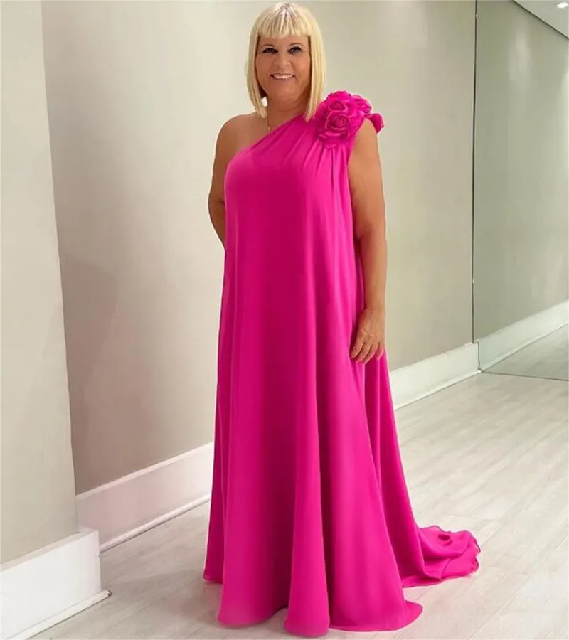 Hot Pink Plus Size Mère de la robe de mariée Une épaule Florals Élégant Boho Beach Wedding Guest Dress Soirée Prom Party Robes 2023 Groom Mom Dress