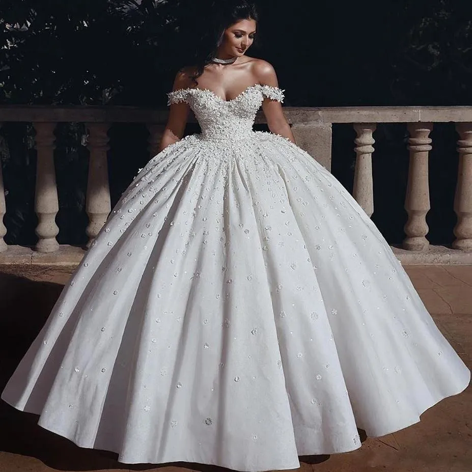 Arabic Off the Shoulder Ball Gown Wedding Dresses 2020 Vestidos De Noiva Beads Flowers Lace-up Back Bridal Gowns2640