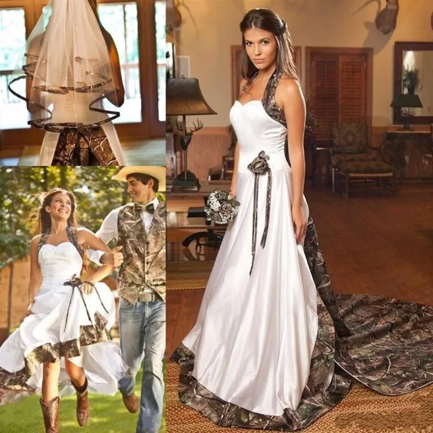 Vintage Country Camo White Wedding Dresses Halter Sweep Train Backless A-Line Plus Size Garden Bridal Bowns Custom Made223x