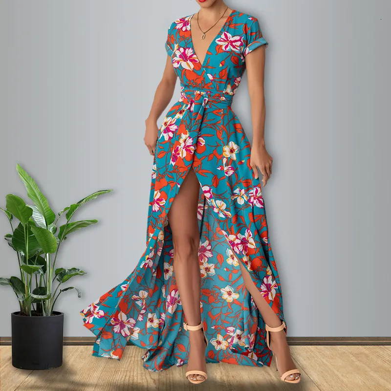 Robes décontractées de base WildPinky été femmes longue robe rétro imprimé plage Maxi col en V cravate ceintures fendues ALine Vestidos 230619