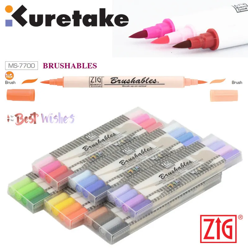 Akvarellborste pennor Zig Kuretake MS-7700 Waterproof Brush Color Double Pointed Paint Borste 4st Marker Pen Set Japan 230619