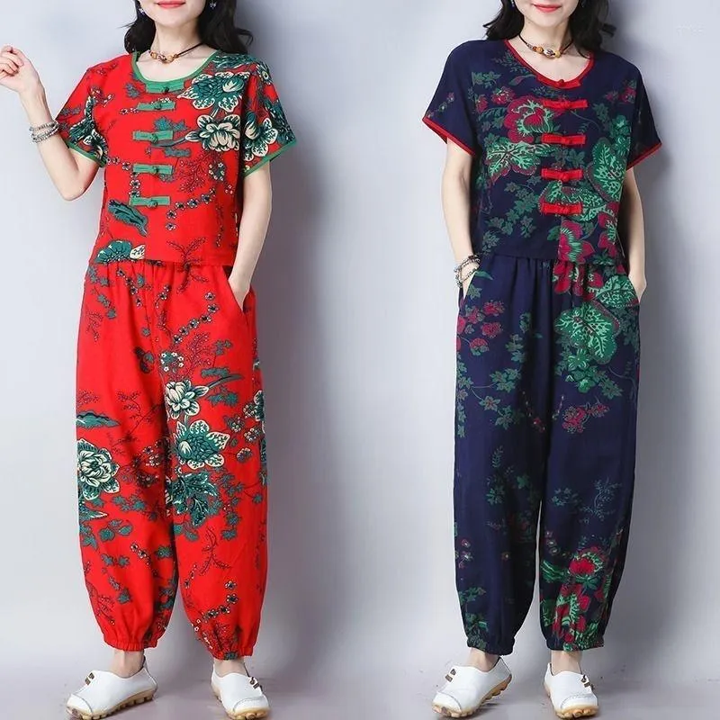 Women's Two Piece Pants Women's Casual Suit Summer Indie Folk Cotton Short Sleeved Crop Top Set China Style Mother's Plus Size