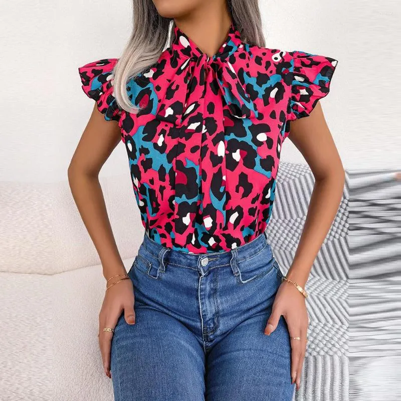 Damenblusen FICUSRONG Damen Frühling Sommer Freizeit Leopardenmuster Holzohr Schnür-Chiffon-Oberteil für Damen-Bluse mit fliegenden Ärmeln