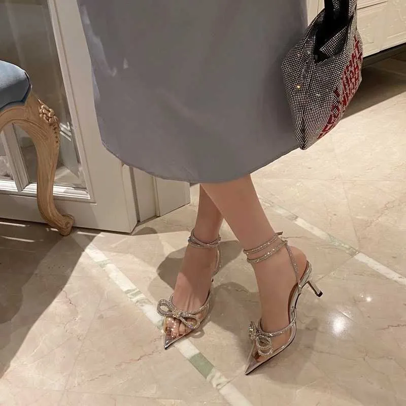 New Sandals Heels stiletto women's shoes bow knot French bandage rhinestone wrapped transparent pointed high heel sandals 230615