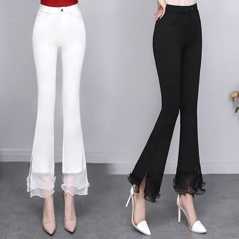 Mode coréenne femmes dentelle mousseline de soie Flare pantalon printemps été mince mince fendu taille haute bureau dame élégant solide décontracté