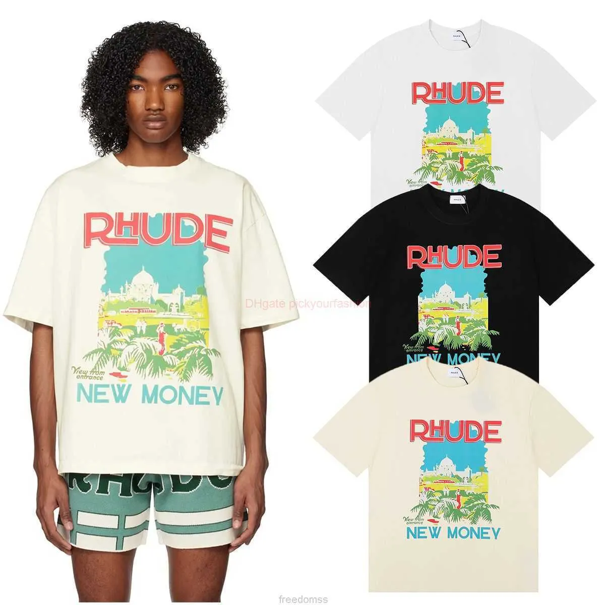 Designer Vêtements de mode Tees Tshirt Rhude Windowsil Castle Coconut Tree Fenceau Lancage Double Yarn Coton Coton Contrut