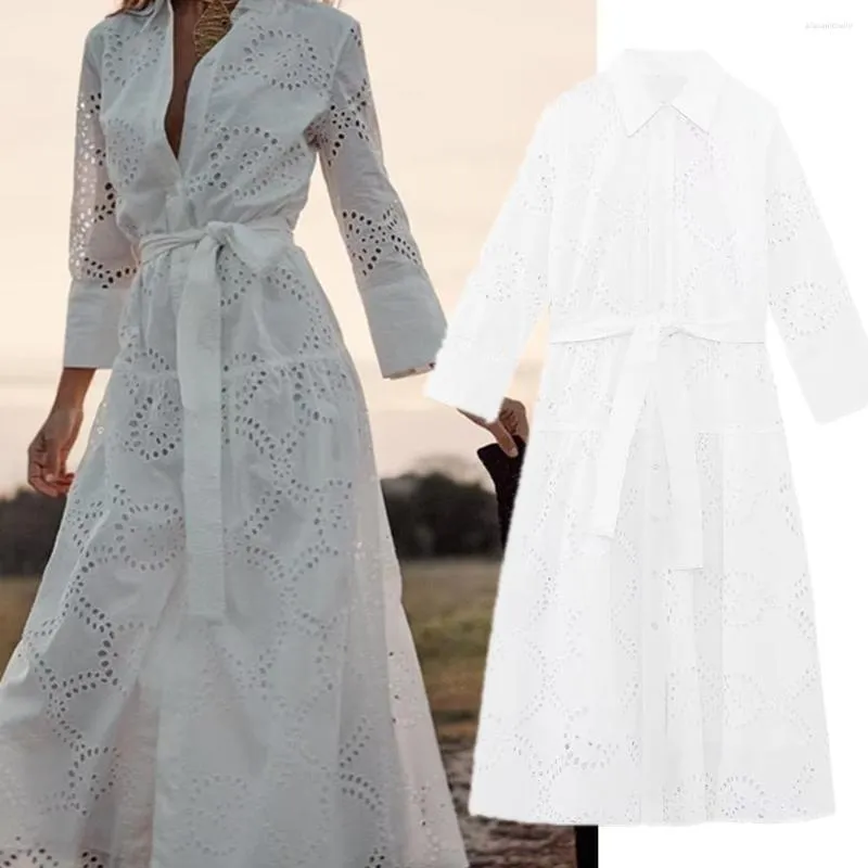 Vestidos Casuais Maxdutti 2023 Algodão Francês Oco Bordado Vestido Midi Elegante Branco Verão Moda Camisa Longa Feminina