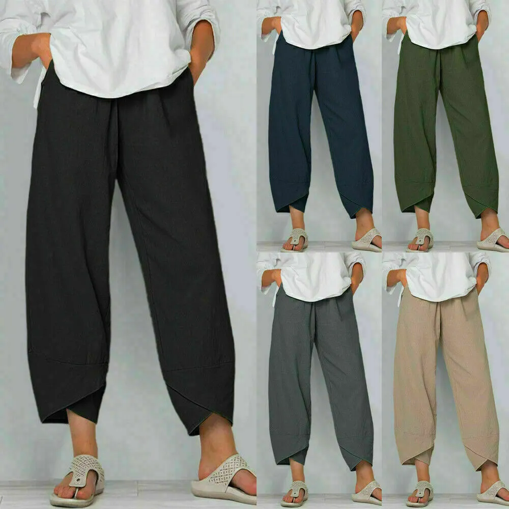 Nya sommarkvinnor Casual Cotton Linen Baggy Harem Pants Solid Color Loose Byxor Plus Size Ladies Wide Leg Croped