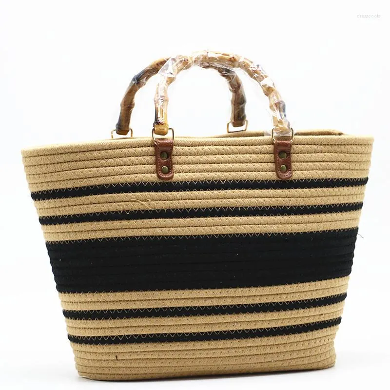 Evening Bags Bamboo Handle Women Handbags Cotton Thread Woven Tote Summer Stripe Beach For 2023 Bohemian Straw Bag Boho