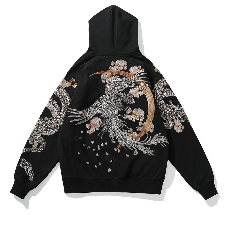 Aolamegs Mens Chinese Dragon Embroidered Hooded Sweatshirt For Men