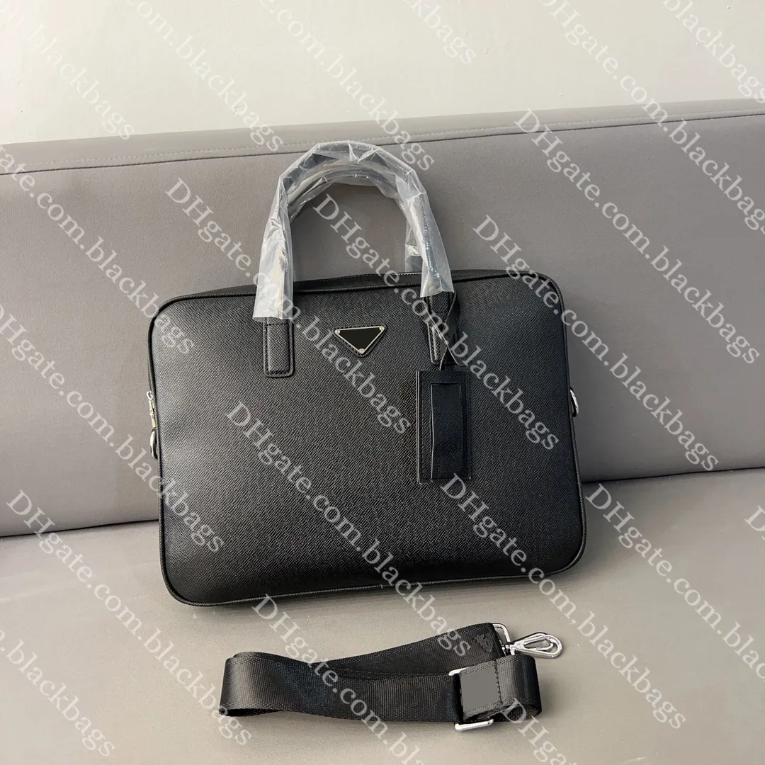 Pasta Triângulo Clássica Designer Bolsa para Laptop Masculina de Couro Preto Bolsa de Ombro para Computador Pastas de Negócios de Luxo de Alta Qualidade