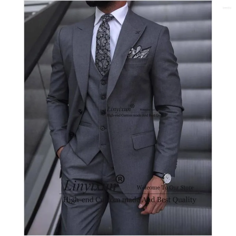 Ternos masculinos formal cinza masculino slim fit casamento noivo smoking conjunto de 3 peças blazer masculino de negócios traje de banquete homme (jaqueta colete calça)