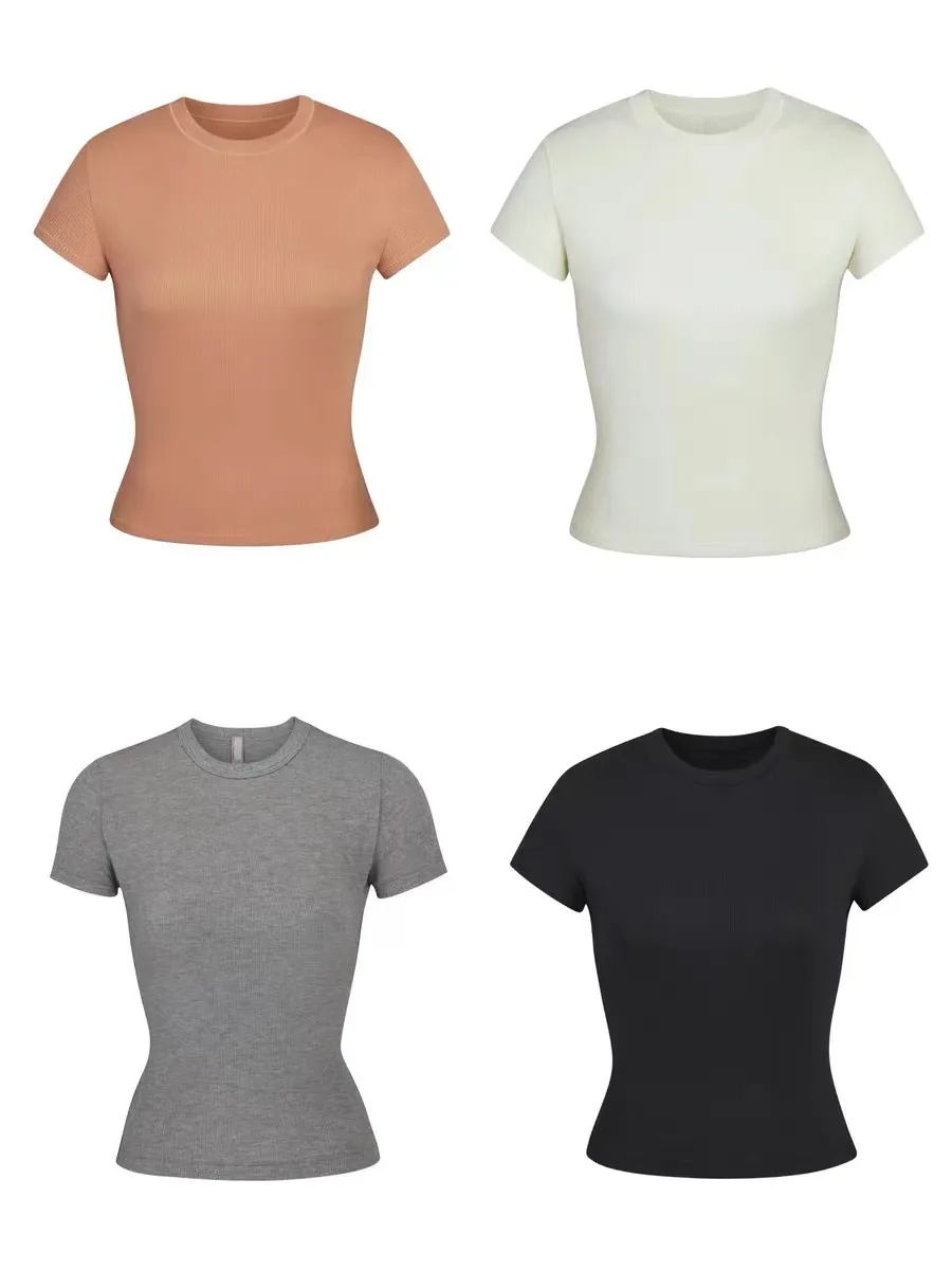 女性用TシャツスキムトップTシャツ半袖ストレッチスリムラウンドネックベース