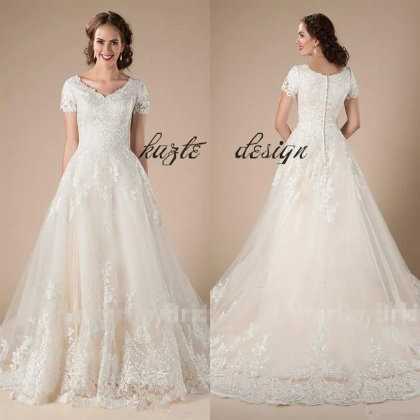 Abiti da sposa modesti vintage in tulle di pizzo a-line con applicazioni a maniche corte Abiti da sposa country occidentali formali Temple Bridal2635