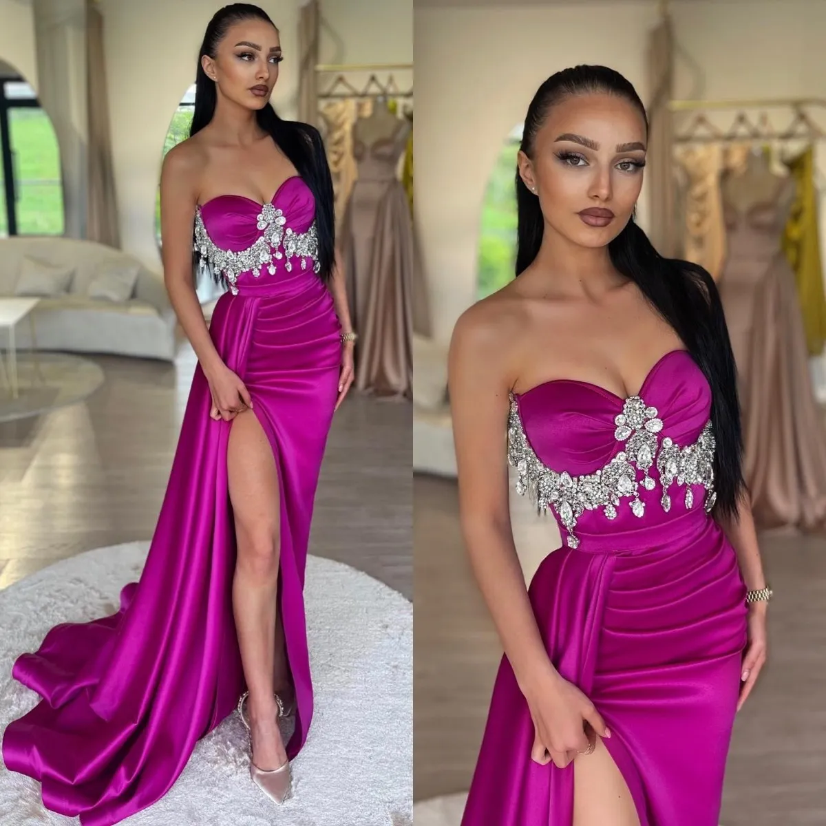 Elegant Rosy Pink Prom Dresses Diamond Sweetheart Party Evening Gowns Split Formal Long Special Occasion dress