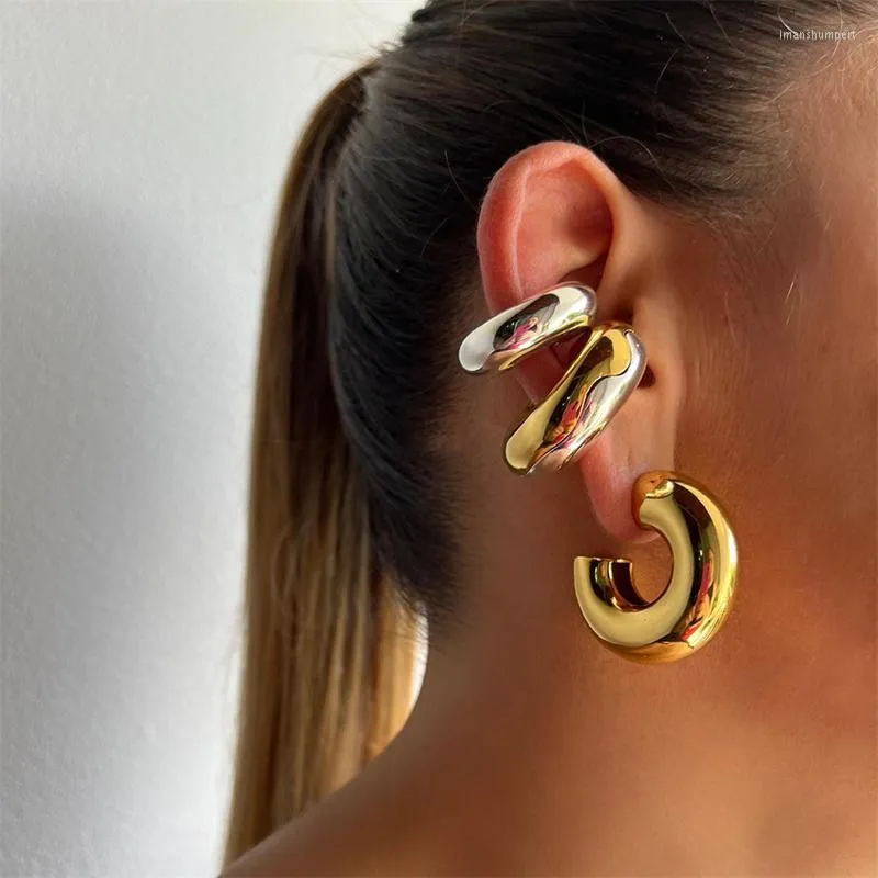 Hoop Earrings Vintage Glossy Gold Color Thick Cylindrical Tube Hollow For Women Ear Clip Chunky Metal Geometric Round Fashion Jewelry