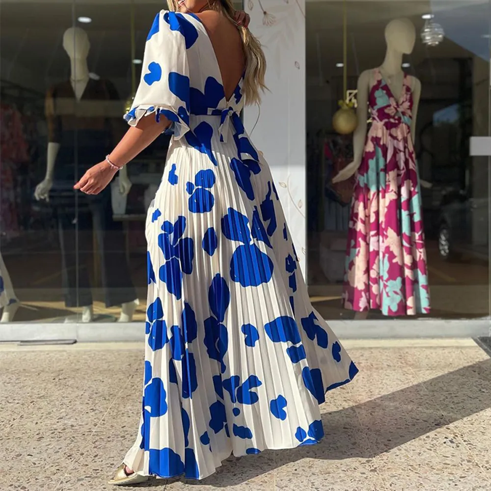 Vestidos casuales b sicos Verano Elegantes estampados Vestido Mujer Hollow Out Backless Vneck Media manga plisada Playa Ropa de vacaciones Vestidos