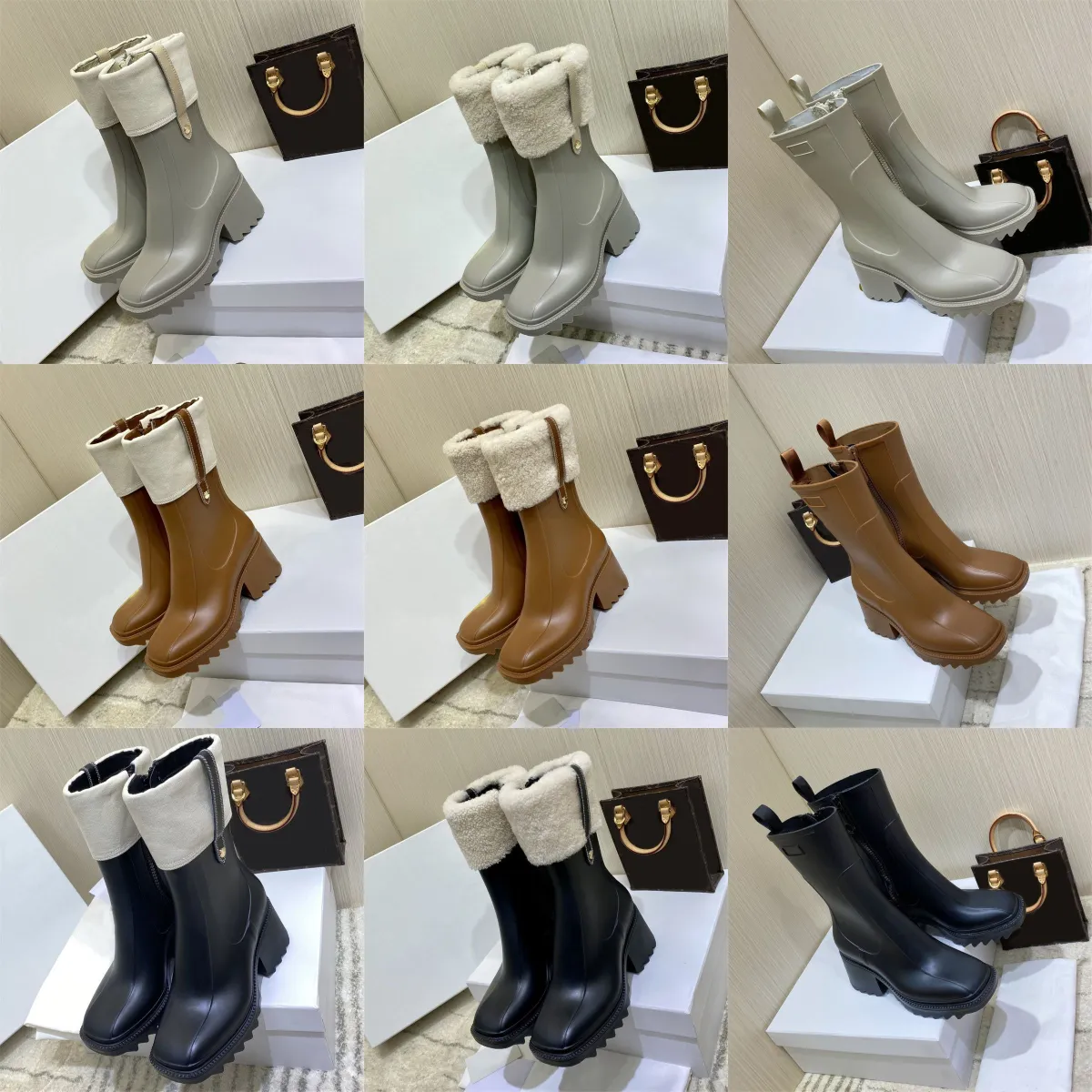 Designer Boots PVC Rubber Boots Black Waterproof Breathable Shoes Square Toe Slipproof Thick Bottom Chunky Heel High Heel Rain Boots Short Boots