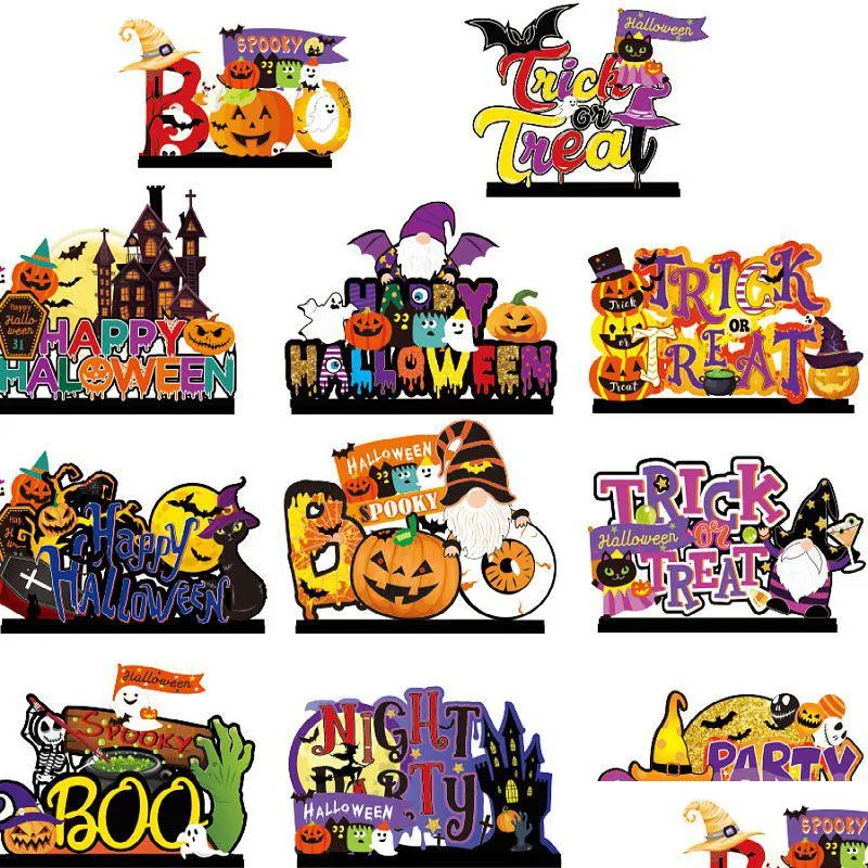 Other Festive Party Supplies Happy Halloween Wooden Centerpiece Signs Trick Or Treat Boo Bat Ghost Tabletop Decorations Drop Deliv Dh51G