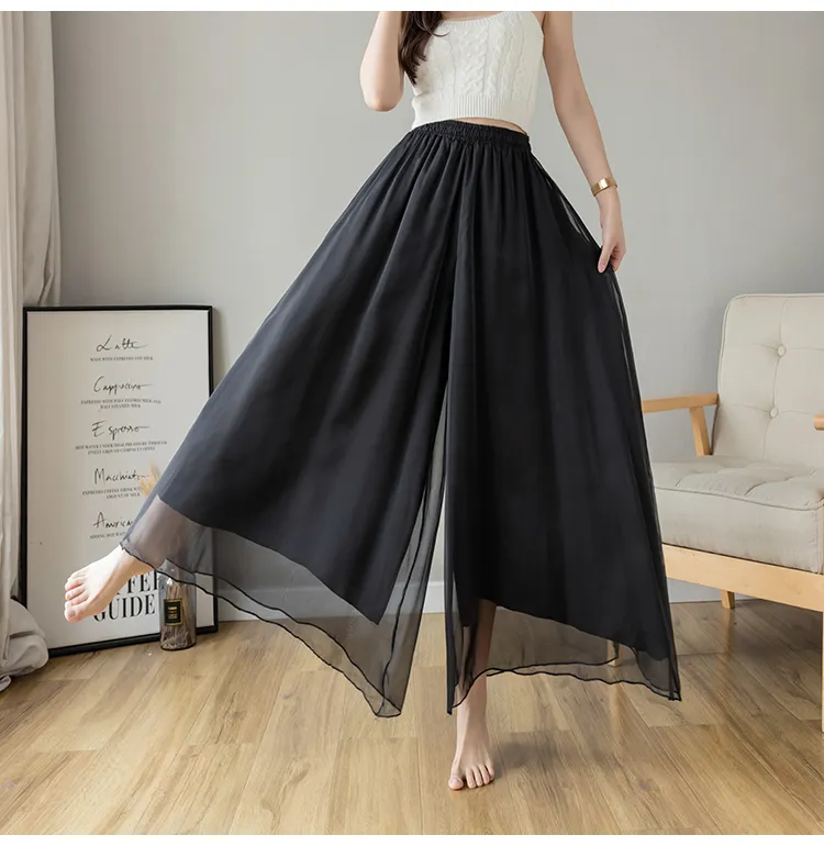 Mulheres verão Alta cintura elástica de cor sólida chiffon perna larga pálzazo ninesinger calças culottes smlxl