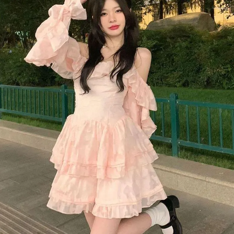 French Ruffled Strap Princess Poncho Dress - Elegant Royal Sister Style for Spring/Summer Casual Wear