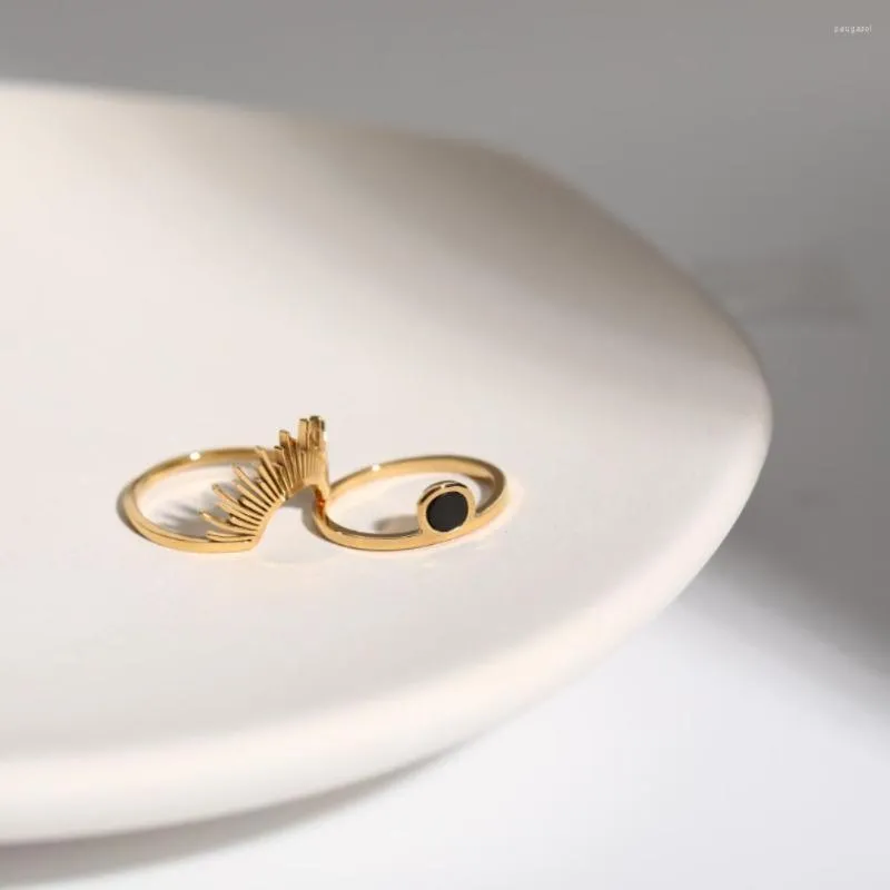 Cluster Ringe Mode Sonnenschein Schwarz Achat Zirkon Doppel Ring Sets Titan Stahl Überzug Gold Für Frauen Hohe Qualität Schmuck Party geschenk