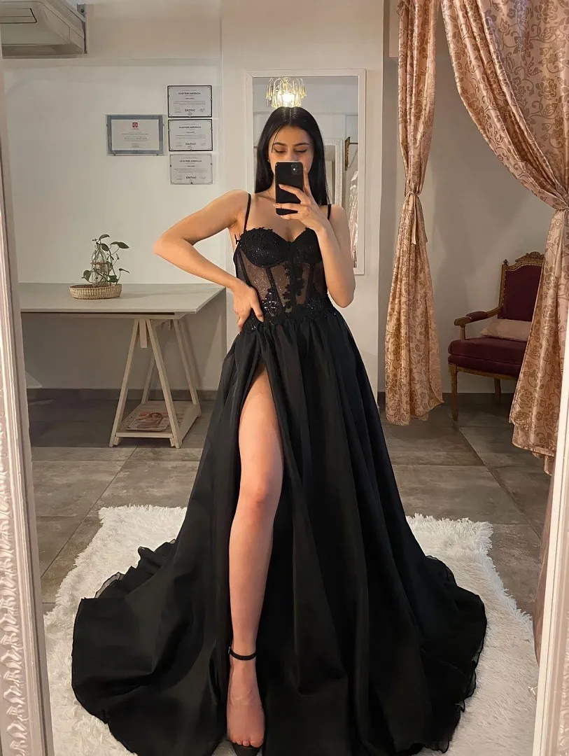 Satin black cheap prom dress