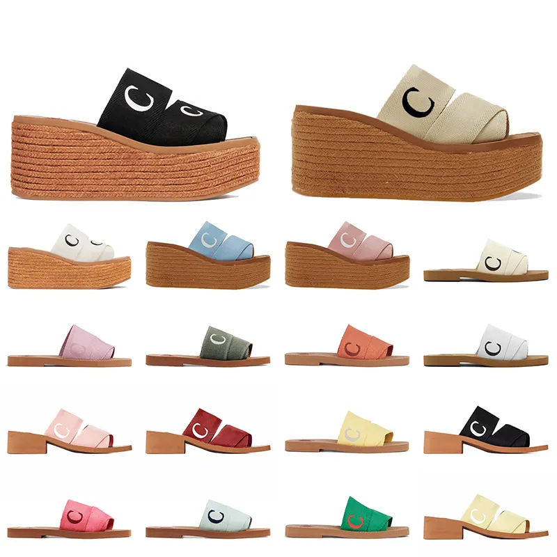 Mode Plateau Espadrille Wedge Woody Sandalen Beroemde Vrouwen Designer Slippers Coach Geborduurd Linnen Platte Mule Loafers Slilders Indoor Strand Schoenen dia