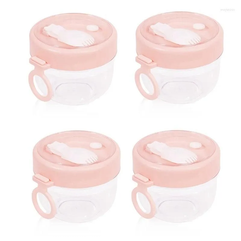 Garrafas de armazenamento 4 unidades Recipiente de aveia durante a noite com tampas e colheres Frascos de 20 onças para salada de frutas com leite (rosa)