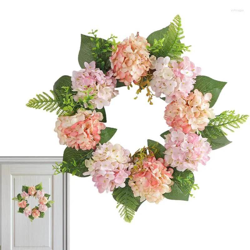 Coroa de flores decorativas de 15,7 polegadas com hortênsia para porta, rosa artificial, flor frontal com folhas verdes, jardim de casamento, decoração de casa