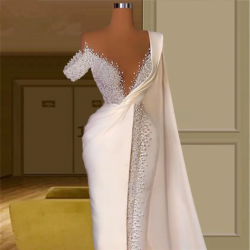 Perles de luxe Robe de mariée sirène avec longues perles enveloppantes Robe de mariée sur mesure froncé Satin plage Boho robe de mariée292b