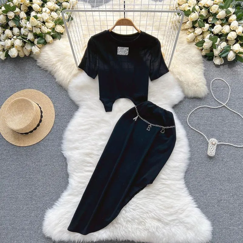 Work Dresses Women Summer Black Sets Sexy Hole T Shirt Tops Long Irregular Split Skirt Design Beach Suit Holiday Elastic Waist Two Piece Set