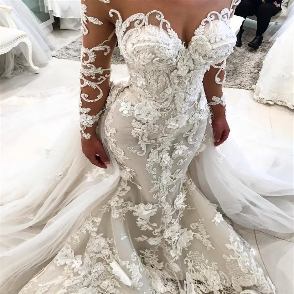 Fantastisk sjöjungfru spetsbröllopsklänningar med avtagbart tåg ren älskling hals brudklänning långa ärmar 3D applikation trumpet wed294l