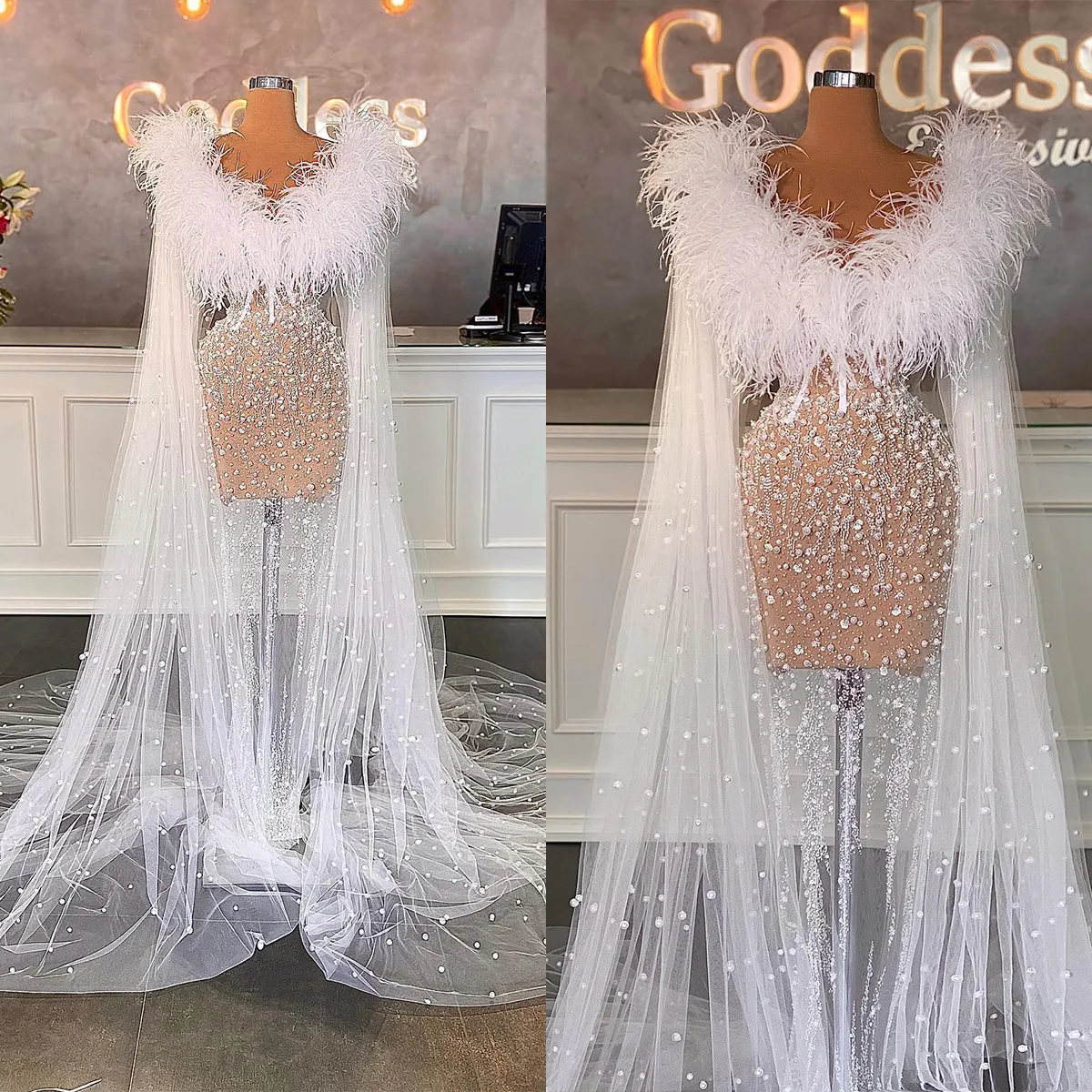 Gorgeous Mermaid Wedding Dresses Jewel Feathers Shining Applicants Pearls Backless on Tulle Court Gown Custom Custom Made Plus Size Bridal Gown Vestidos De Novia