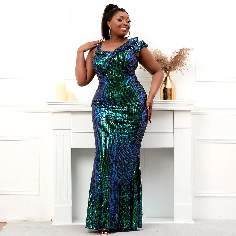 Robes grande taille grande taille Slash cou volants robe de soirée à paillettes vertes élégante robe de soirée Maxi femmes longue robe de bal 230620