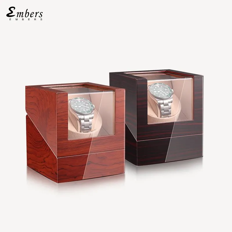 Titta på lådor fall Embers Luxry Single Watch Winder Battery Wood Shaker Watch Box Automatisk Winder Glass Storage Case Mabuchi Motro 230619