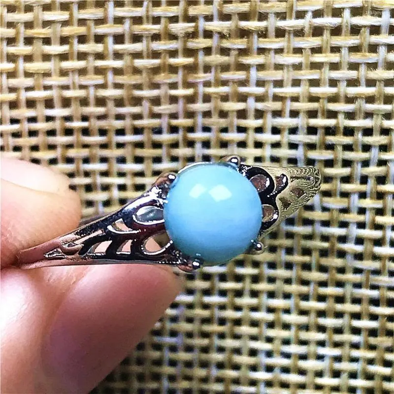 Cluster Rings Real Natural Blue Larimar Ring Jewelry For Woman Lady Man Silver 6mm Beads Dominica Water Pattern Gemstone Adjustable