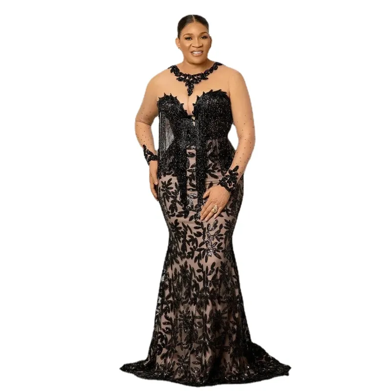 NIEUW! Black Lace Avondjurken Vrouwen Plus Size Lange Mouwen Mermaid Aso Ebi Prom Dress Applicaties Custom Made Zuid-afrika Jurk