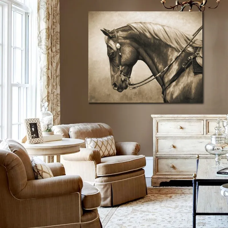 Abstract Canvas Art Western Horse in Sepia Handgjord oljemålning Modern Decor Studio Apartment